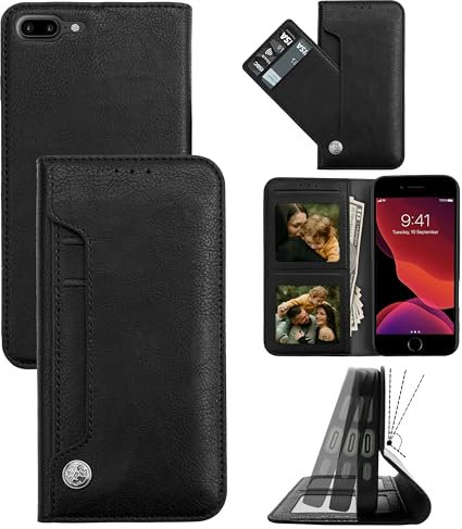 Pritify Wallet case for iPhone 7 Plus & 8 Plus Leather Finish Pocket Magnetic flip Cover with 4 Card Slots & 2 Photo slots Folio Stand, Large Capacity Shockproof Protection Phone Case - Black