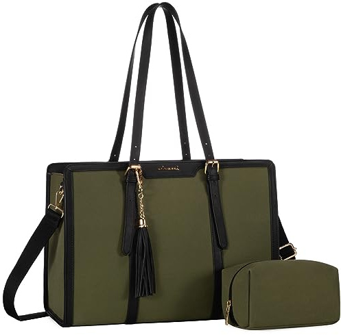 LOVEVOOK Handbags for Women 15.6 inch Laptop Tote Bag with Compartments Ladies College Teacher Work Bag Large Canvas Shoulder Cross Body Bag Waterproof for Office Business School Shopping Green