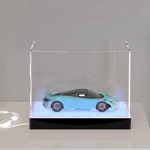 Vitrine mit Beleuchtungssockel, transparente Acryl-Vitrine für die Präsentation von 1:18 Modellauto und 1/24 Druckguss-Auto, 33 x 17 x 16 cm