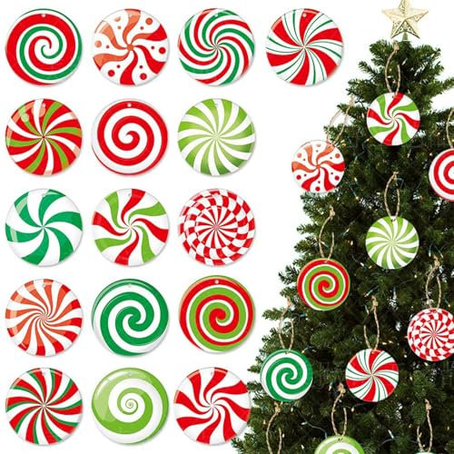 16Pcs Christmas Decorations, Xmas Tree Ornaments Hanging Set, Red & Green Candy Pendants for Indoors, Winter Holiday Party Supplies