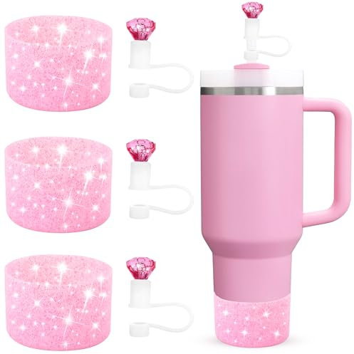 Etyishe Stanley Cup Accessories Set, Including 3 Pcs Glitter Silicone Boot, Diamond Straw Cover for 30&40 Oz Tumblers, Pink