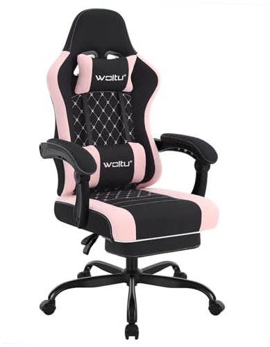 WOLTU Gaming Stuhl mit Massagefunktion, Computerstuhl Ergonomisch, Taschenfederkissen, Lendenmassage, Kopfkissen, Fußstütze, Drehstuhl, 150 kg, Netzstoff, Schwarz+Rosa