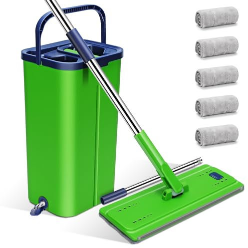 Myiosus serpillière Seau Essoreur, Balai Serpillère Microfibre Plat avec 5 Serpillères Réutilisables, Serpillère et Seau Essoreur avec Manche INOX pour Nettoyage de Sol (Vert)