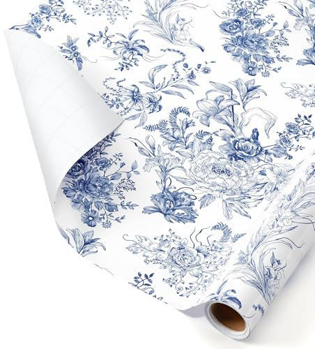 WERNNSAI Geschenkpapier Blumenmotiv – 1 Rolle 43 cm x 10 m Geschenkpapierrolle mit Blumenmotiv blaues Geschenkpapier mit Blumenmotiv für Mädchengeburtstage Frauen Hochzeitsgeschenke