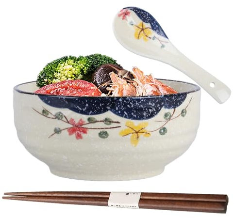 TuYines Japanese Ceramic Ramen Bowl, 6 Inch, 580ml, Set with Chopsticks and Spoon