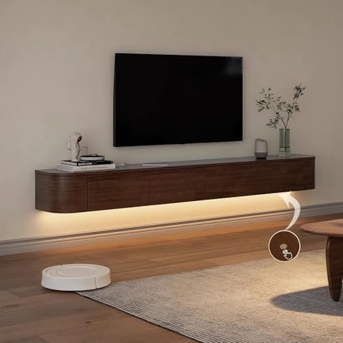 YINXSLO Floating TV Cabinet Solid Wood Living Room Wall mounted TV Unit with storage space media wall unit for living rooms and bedrooms (Brown (with light), 220cm/86.6in)