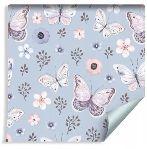 Papier Peint Mural Papillons & Fleurs, Motif Bleu Pastel, Décoratif
