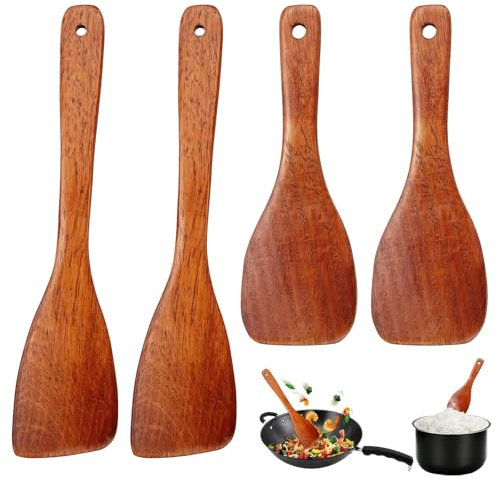Qaestuan 4 Pièces Spatule Bois Cuisine, Spatules en Bois D'olivier, Spatules Massif, Spatule Antiadhésive, Ergonomique pour Poêle, Pour Restaurant