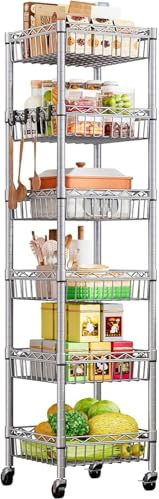 Wooruy 6-Tier Slim Metal Shelving Unit on Wheels with Adjustable Shelves | Heavy Duty Storage Rack,Thin Standing Shelf Units for Kitchen,Living Room,Laundry,Bathroom,Pantry,Small Spaces,34x34x160cm