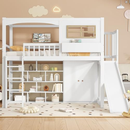 Zubaliya Lit superposé Enfant 90x200 avec Toboggan et Armoire,lit Mezzanine 1 Place 90x200 avec Rangement,lit Enfant avec barrière de sécurité,avec échelle à Quatre marches,Blanc