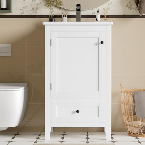 Mueble de baño de pie con lavabo, lavabo, lacado completo, estante para puerta, cajón silencioso de gran capacidad, estante ajustable, lavabo de cerámica, 51 x 46 x 85 cm (blanco)