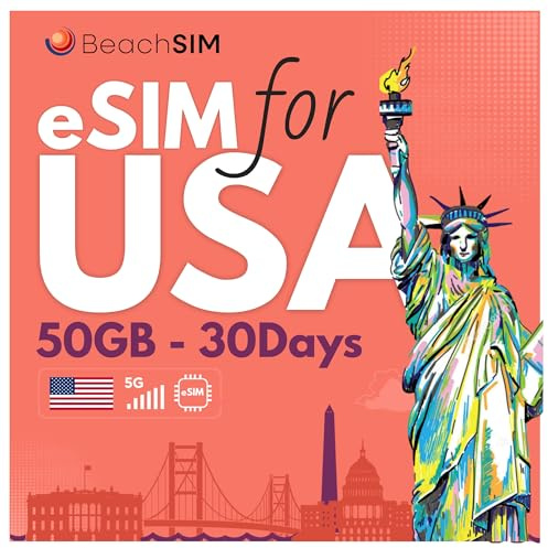 BeachSIM eSIM USA 30 Tage. 50 GB Datenvolumen mit 4G/5G-Netz. Nur Daten. Schnelle Aktivierung. Einfaches Aufladen. Funktioniert mit eSIM-kompatiblen Geräten.