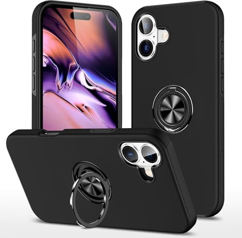 XYZNTMF for iPhone 17 Case Built-in Ring Holder Shockproof iPhone 17 Phone Case Silicone Bumper Matte Hard PC Shell Magnetic Car Mount Protective Skin Cover, Black