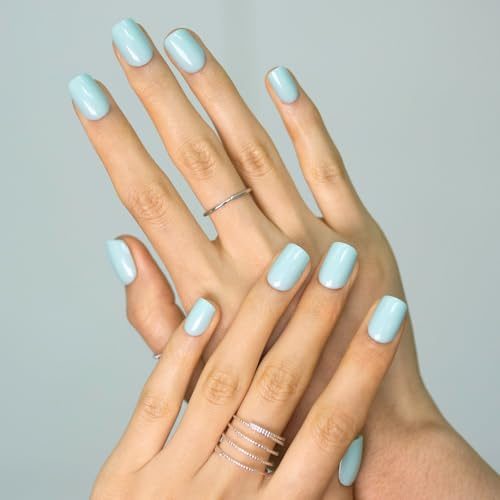 LAMIMOSA 32Pcs Press On Nails Short Square - Aqua Blue Green False Nails with Glue, Soft Gel Turquoise Fake Nails in 16 Sizes, Summer Stick On Nails Kit, TURQUOISE