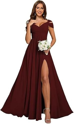 ZOOYYUE Damen Off Shoulder Chiffon Brautjungfernkleider Lang - Formeller A-Linie V-Ausschnitt Lang Abendkleider Elegant Für Hochzeit Festliche Kleider Mit Schlitz