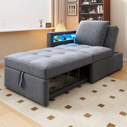 Oxtao Polsterbett Schlafsofa 3 in 1 Multifunktions-Schlafsofa, Die Armlehne verfügt über LED-Lichtleisten und USB-Anschlüsse, Mit Verstellbarer Rückenlehne, Gästebett, Leinen (Hellgrau-A)