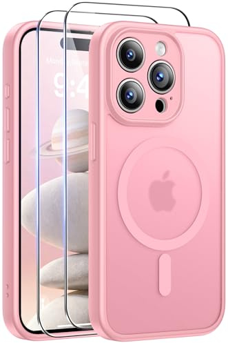 FLLAO Coque pour iPhone 15 Pro (6,1 Pouces) avec 2 Verres Trempés, Compatible avec Mag Safe, Coque Mat Translucide Fine Antichoc, PC Dur Housse Arrière Anti-Rayures + TPU Bumper Antichoc, Rose