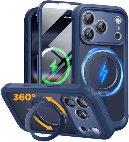 Miracase for iPhone 17 Pro Case,Full Body Bumper and Glass Screen Protector | 360 Spin Magnetic Stand, Scratch-resistant Screen& Camera Control Button, Drop Proof iPhone 17 Pro Cover, 6.3,Dark Blue