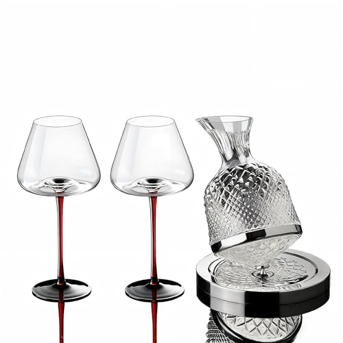 1500ml 360° Rotating Wine Decanter Set with 2 Lead-Free Crystal Burgundy Glasses - 720ml Red Stem Wine Glasses, Fast Aeration Red Wine Carafe for Wine Lovers, Wedding, Anniversary