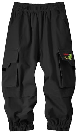 Volunboy Pantalones Cargo Niños 2-6 Años Bordado Dinosaurio Secado Rápido Cintura Elástica(Talla 120,4-5 Años,Negro)