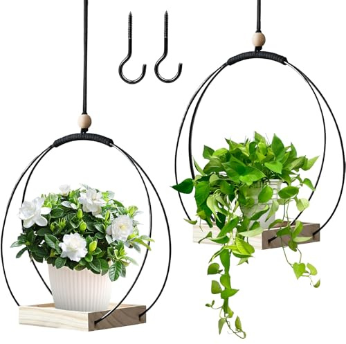 Infreecs 2 Stück Blumenampel Hängend Innen, Hängetopf für Pflanzen mit Metallring und Holzsockel, Blumentopf für Zimmerpflanzen Sukkulenten, Hängepflanzen Deko mit Aufhängehaken für Wohnzimmer Balkon