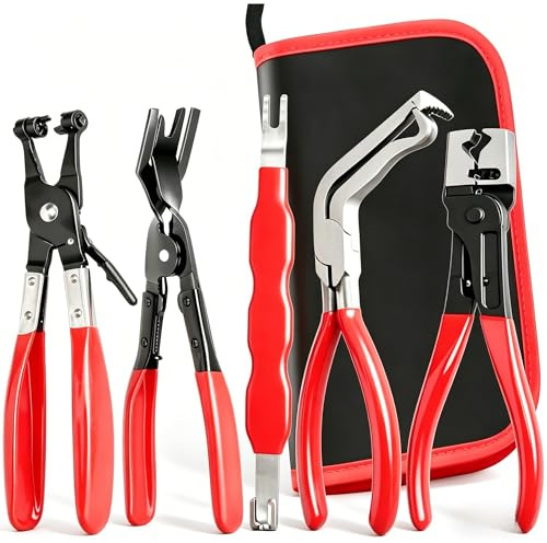Rhevosil 5Pcs Automotive Electrical Disconnect Pliers Kit, Connector Removal Tool, Straight Hose Clamp Plier, Single Ear Clamp Plier, 60° Angled Pliers, 2 in 1 Clip Pliers with Case