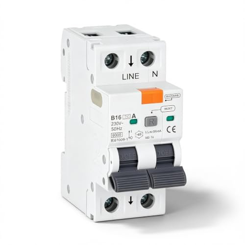 FI/LS-Schalter RCBO: 1P+N, 16A 30mA, Typ A - Fehlerstromschutzschalter mit Überlast- und Kurzschlussschutz, Kurve C, Hutschienenmontage, Leistungsstarker Leistungsschalter