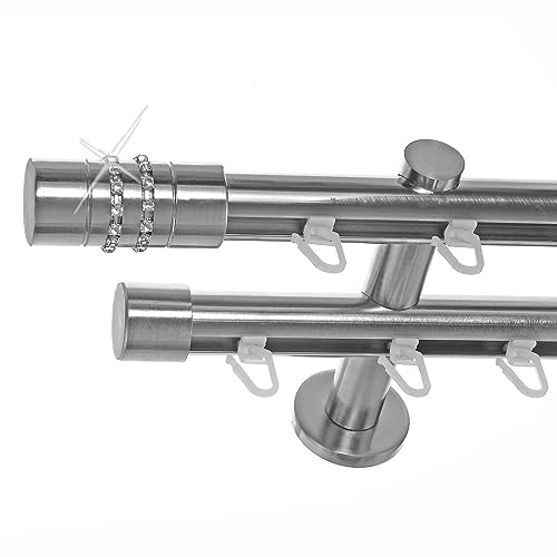 BASIT Gardinenstange Innenlauf Edelstahllook 20mm 2-läufig Wand 280cm H40 | Gardinenstangenset doppelläufig Wandmontage Metall Vorhangstange Wandhalterung 120-600cm wählbar Kappe mit Kristall E80
