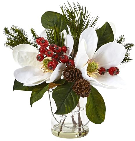 Vase en verre avec magnolia, pin et baies - Blanc - 36,8 x 18,8 x 21 cm