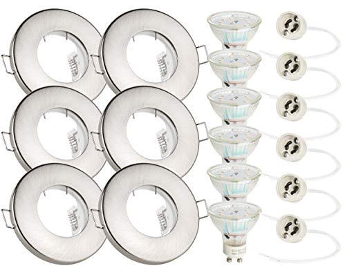 JungesLicht 6x Bad Einbaustrahler Aqua IP65, mit 5Watt GU10 230Volt 3000K Warmweiß 420Lumen Leuchtmittel und Fassung, für Bohrlöcher von 55-68mm, Außen 83mm, Tiefe: 65mm, LEDs austauschbar