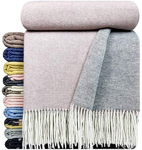 STTS International Kaschmir Decke Wolldecke Wohndecke 100% Merinowolle - Kaschmir - Mix 140 x 200 cm sehr weiches Plaid Kuscheldecke Faro (Rosa-Grau (Double face))