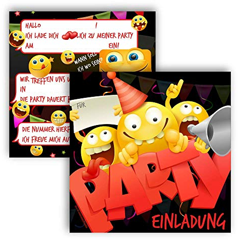 12 Einladungskarten für Geburtstag und Partys, die Smiley Karten sind die perfekten Einladungen für Mädchen und Jungen zum Kindergeburtstag und Anderen Feiern (quadratisch ohne Kuvert)