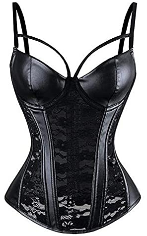 Woboren Damen Burlesque Vollbrust Faux Leder Korsett Corsage Top Bustier Schwarz (Schwarz, 2XL)