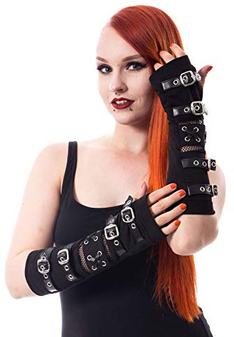 Poizen Industries Randalieren Arm wärmer Armstulpen Punk Gotisch Schnallen Korsett Spitzenhandschuhe - Schwarz