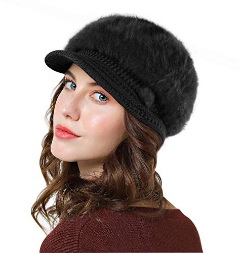 Genfien, Berretto da Donna con Tesa in Pile Spesso, Foderato in Inverno, Lavorato a Maglia, Stile Vintage, all'Uncinetto, Elegante, Leggero e Invernale Nero Taglia Unica