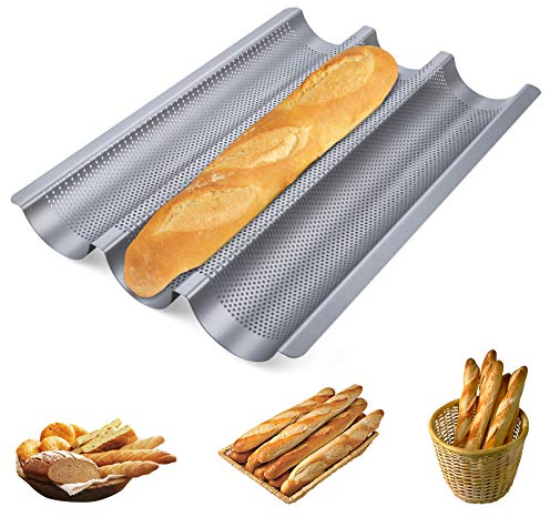 Homewit 3 Mulden Baguette-Backblech, 38.5x28.5x3.5 cm Baguetteblech für 3 Baguettes, Mit Antihaftbeschichtung, Gleichmäßige Erhitzung und Gute Wärmeleitfähigkeit, Für Familie, Restaurant, Bäckerei usw