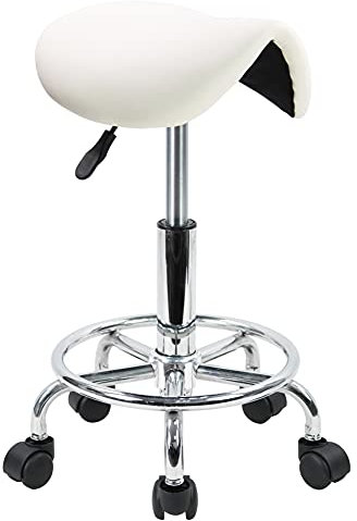 KKTONER Saddle Stool with Foot Rest PU Leather Swivel Adjustable Rolling Stool with Wheels Facial Salon Chair (White)