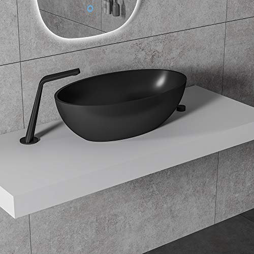 BERNSTEIN Aufsatzwaschbecken RELAX, 52,8 x 30,9 cm, Waschbecken aus Mineralguss Solid Stone, Ovale Form, Schwarz matt, Pflegeleicht, Idealer Waschtisch, Waschschale, Waschschüssel