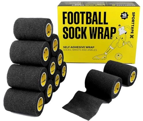 12 Rolls SPORTTAPE Cohesive Bandage | Self Adherent Vet Wrap - 7.5CM x 4.5M - Black | Football Sock Wrap & Shin Guard Tape for Wrist & Ankle Sprains, Swelling & Compression