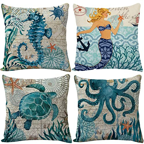 BINXWA 4 Stück Kissenbezug 45x45,Maritimes Thema Deko Baumwolle Leinen Kissenhülle Sofa Kissenbezug Outdoor Garten deko