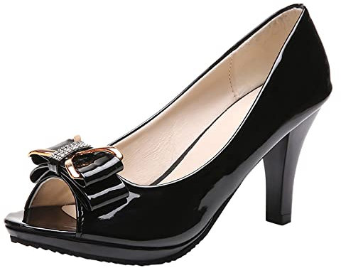 Women's Dress Pump Peep Toe Patent Pumps with Bow Buckle Cute Shoes Black 4.5