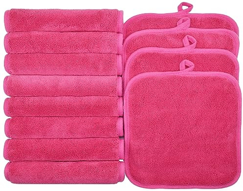 BloomSesame Makeup Remover Cloths for Face, Eye, Lips - Reusable Makeup Remover Pads Soft Microfiber Facial Cleansing Cloths 8 x 8 inch 12 Pack (Dark Pink)