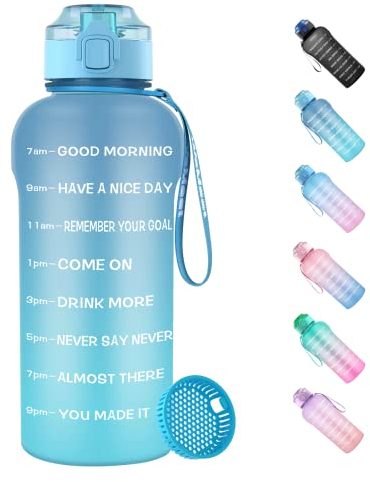 WEMEET Gourde de 2 litres sans BPA, 2 l,Avec marquage du temps et filtre à fruits,2000 ml,Bouteille d'eau avec couvercle à rabat,Anti-fuite,Pour le camping, la salle de gym, les pique-niques,Bleu
