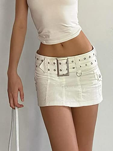 Yujun Y2K-Ästhetik Basic Belted Low Waist Mikroröcke 2000er Mode Sexy Taschen Weißer Jeansrock Süße Unterteile Clubwear