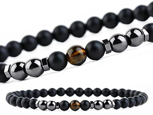 EUMENIDES Lot de 2 bracelets de cheville magnétiques en pierre givrée noire, 24 cm de long, 6 mm, pierre naturelle givrée, améliore le sommeil, pierre œil de tigre + aimant