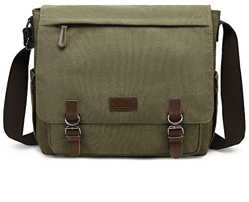 Sunborls Herren Damen Umhängetasche Canvas & Echtleder Messenger Bag Satchel Student Bag Aktentasche für 14 Zoll Laptop, grau