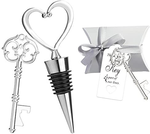 Vspek Tire-bouchon et bouchon de bouteille en acier inoxydable accessoires pour mariages et fêtes, faveurs de mariage pour les invités avec carte d'accompagnement, étiquette de remerciement (Argenté)