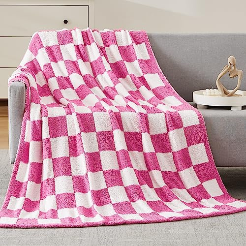WRENSONGE Karierte Überwurfdecke, weich, gemütlich, flauschig, warm, handgefertigt, Überwurfdecken für Couch, Sofa, Stuhl, Bett, Camping, Picknick, Reisen, leichte Bettdecke, 127 x 177,8 cm, Hot Pink