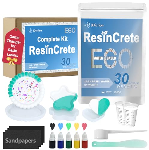 JDiction ResinCrete Kit, Complete Kit Easy for Beginners, Fast Curing, One Hour Demold, Includes Water-Based Eco-Friendly Powder, Molds, Paints & Brushes (1000g Classic Kit)