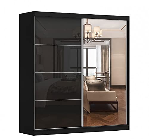 Kleiderschrank M31 mit Spiegel 203 cm, Schwebetürenschrank, Garderobeschrank Schlafzimmer; Wohnzimmerschrank; Korpus Schrank Farbe: Schwarz; Farbe der Schrankfront: Schwarz Hochglanz- 2 Schiebetüren
